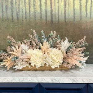 Hydrangeas, Pampas in a Wooden Bowl